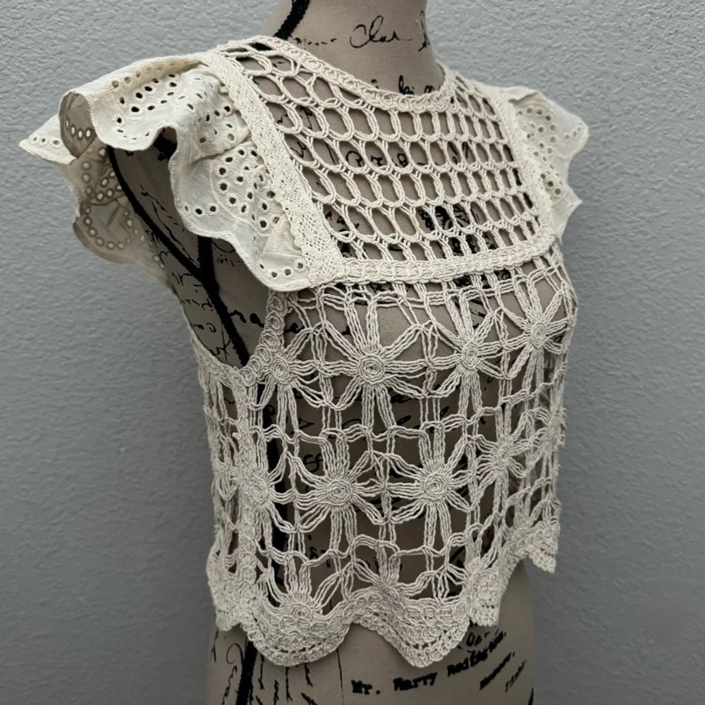 Altar'd State Crochet Open Knit Boho Crop Top Beige Size Small